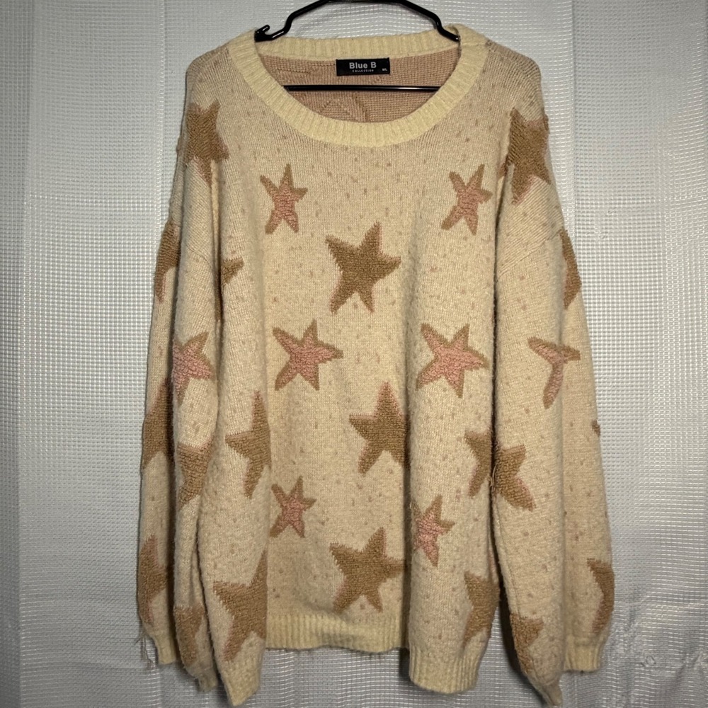 Blue B Collection Star Sweater‎ M/L Cream Textured Knit Oversized Crewneck